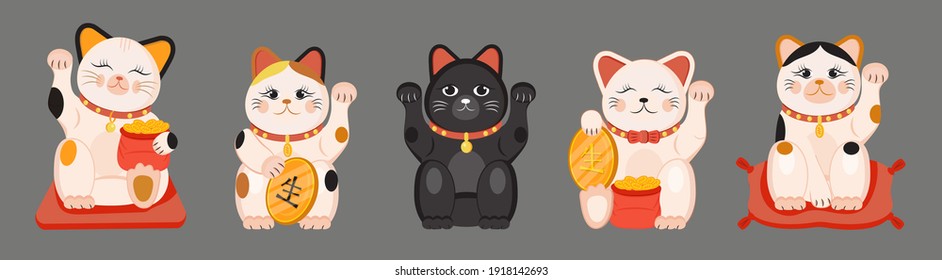 Maneki neko vector set isolated on brown background. Lucky cat in japanese traditional culture. Talisman or mascot symbol in flat style. Plastic, ceramic souvenir.