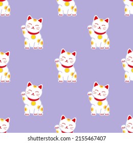 Maneki Neko Welcoming Cat Seamless pattern. Symbol of good luck, fortune and prosperity. Doodle style vector illustration of Japanese cat
