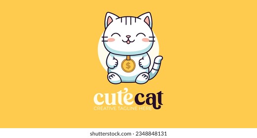 El encanto de Maneki Neko: Ilustración vectorial del gato afortunado con moneda, perfecta para logotipo, icono, diseño, afiche, volante y publicidad