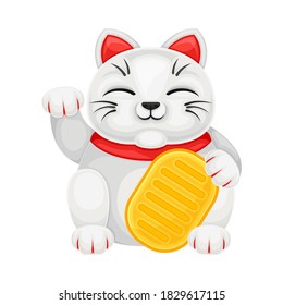 Maneki-neko or Beckoning Cat as Japanese Figurine Bringing Luck Vector Illustration