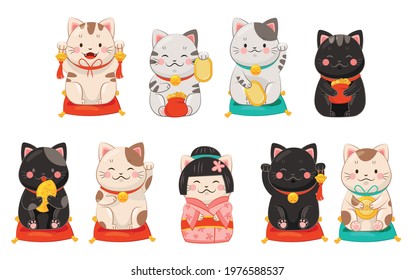 Maneki-neko Cat with Raised Paw as Ceramic Japanese Figurine Bringing Good Luck Vector Set