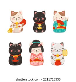 Maneki-neko Cat with Raised Paw as Ceramic Japanese Figurine Bringing Good Luck Vector Set