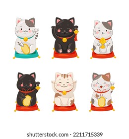 Maneki-neko Cat with Raised Paw as Ceramic Japanese Figurine Bringing Good Luck Vector Set