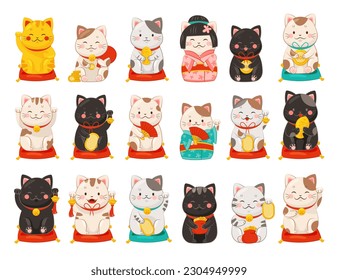 Maneki-neko Cat with Raised Paw as Ceramic Japanese Figurine Bringing Good Luck Big Vector Set