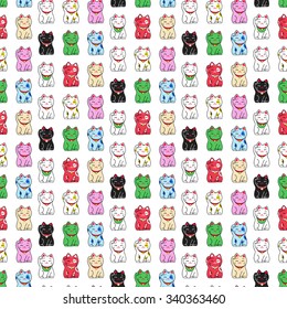 Maneki-neko cat. Seamless pattern with colorful sitting hand drawn lucky cats. Japanese culture. Doodle drawing. Vector illustration - swatch inside