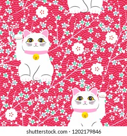 Maneki-neko cat. Seamless pattern with sitting hand drawn lucky cats. Japanese culture. Doodle drawing. Vector illustration - swatch inside