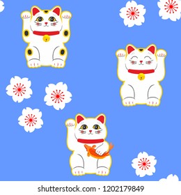 Maneki-neko cat. Seamless pattern with sitting hand drawn lucky cats. Japanese culture. Doodle drawing. Vector illustration - swatch inside