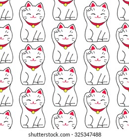 Maneki-neko cat. Seamless pattern with sitting hand drawn lucky white cat. Japanese culture. Doodle drawing. Vector illustration - swatch inside