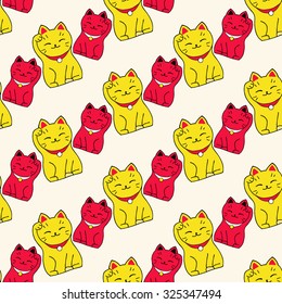 Maneki-neko cat. Seamless pattern with sitting hand drawn lucky cats. Japanese culture. Doodle drawing. Vector illustration - swatch inside