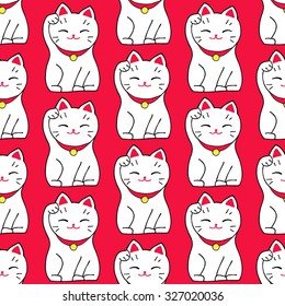 Maneki-neko cat. Seamless pattern with sitting hand drawn lucky cats. Japanese culture. Doodle drawing. Vector illustration - swatch inside