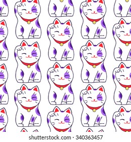 Maneki-neko cat. Seamless pattern with sitting hand drawn lucky cats. Japanese culture. Doodle drawing. Vector illustration - swatch inside