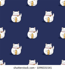
Manekineko cat seamless vector pattern on dark background.