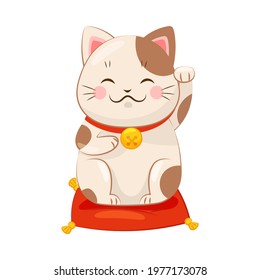 Maneki-neko Cat Seated on Pillow with Raised Left Paw as Ceramic Japanese Figurine Bringing Good Luck Vector Illustration