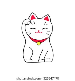 Maneki-neko cat. Sitting hand drawn lucky white cat. Japanese culture. Doodle drawing. Vector illustration svg