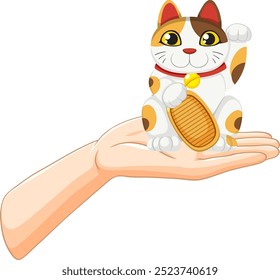 Gato Maneki-neko sentado em uma mão