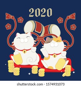 Manekineko Character folklore or Cute Japanese Lucky Cat Celebrate New year 2020 for Make a wish to Good Luck and Rich of Money with Japan culture Drum in Navy blue background