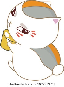 Maneki-neko. Funny relaxing white cat with orange and gray spots