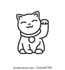 Maneki-neko, linear icon. A cat with a collar raises its paw. Line with editable stroke