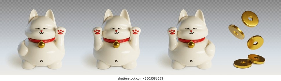 Maneki-neko lucky cats set isolated on transparent background. Vector realistic illustration of cute ceramic beckoning kitty toys with nice smile, golden coins, traditional asian mascot, wealth symbol