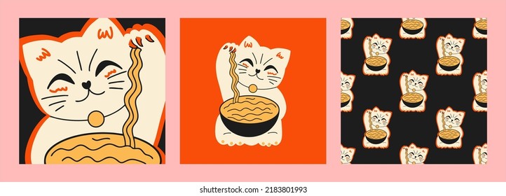 Maneki-neko con fideos. Vintage comida japonesa tallarines de sushi. Plantillas de promoción para un restaurante japonés. Publicidad con fideos orientales nacionales.