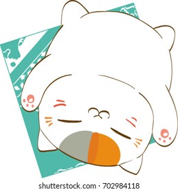 Maneki-neko. On a green background a white sleeping happy cat