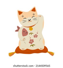 The maneki-neko  (or beckoning cat), Japanese figurine  bring good luck to the owner.Hand drawn vector illustration in flat style. Isolated on white background.