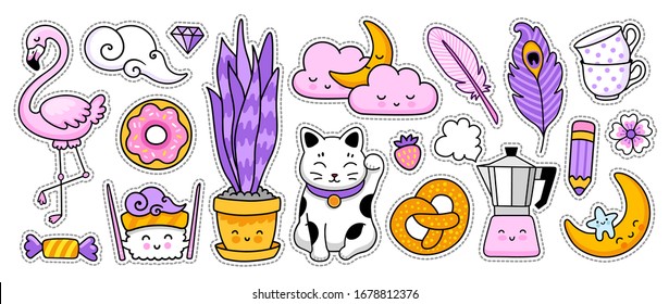 Maneki-neko, sushi, flamingo, houseplant, geyser coffee maker.   Doodle cartoon character. Vector illustration.