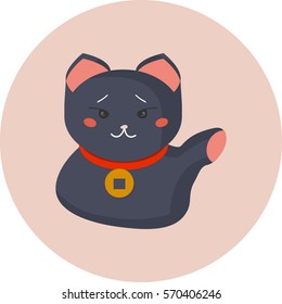 Maneki-neko or welcoming cat or lucky cat with a coin collar on its neck. Beckoning cat made in a flat cartoon style. Maneki Neko as a Japanese symbol of luck.