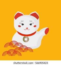 Maneki-neko or welcoming cat or money cat with coin collar on its neck. Beckoning cat made in a flat cartoon style. Maneki neko.