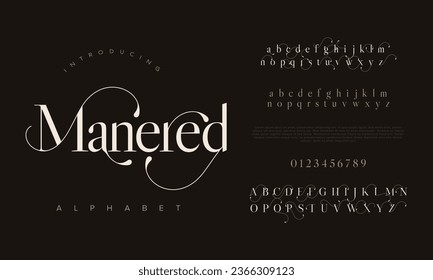 Manered premium luxury elegant alphabet letters and numbers. Elegant wedding typography classic serif font decorative vintage retro. Creative vector illustration