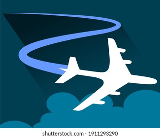 
Maneuver path airplane silhouette elements take off flying trip with blue clouds and overcast sky