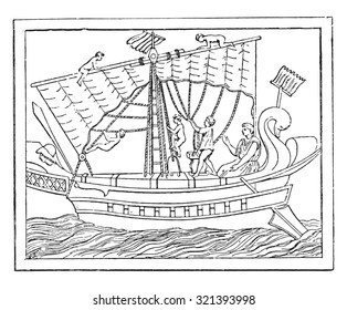 Maneuver the sail in a transport vessel, vintage engraved illustration.
