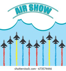 maneuvers of an fighter planes in the blue sky for air show banner. vector illustration