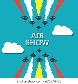 maneuvers of an fighter planes in the blue sky for air show banner. vector illustration