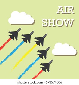 maneuvers of an fighter planes in the blue sky for air show banner. vector illustration