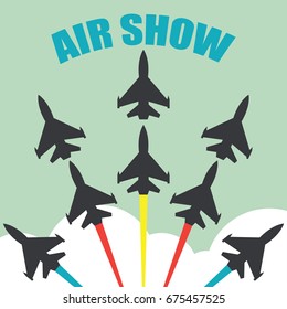 maneuvers of an fighter planes in the blue sky for air show banner. vector illustration