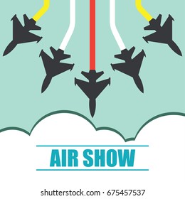 maneuvers of an fighter planes in the blue sky for air show banner. vector illustration