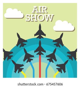 maneuvers of an fighter planes in the blue sky for air show banner. vector illustration