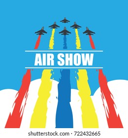 maneuvers of an fighter planes in the blue sky for air show banner. vector illustration