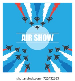 maneuvers of an fighter planes in the blue sky for air show banner. vector illustration