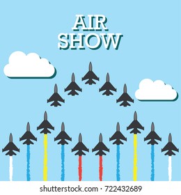 maneuvers of an fighter planes in the blue sky for air show banner. vector illustration