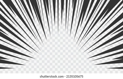 Manga action frame lines. Comic book motion effect on transparent background. Black rays. Bomb explosion or high speed mockup. Vector cartoon illustration.