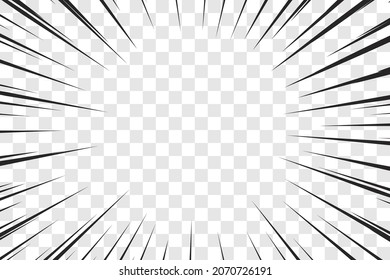 Manga action frame speed simple lines Motion radial lines isolated on transparent background Abstract explosive template banner Black and white monochrome vector retro illustration Comic book element