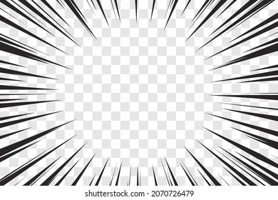 Manga action frame speed simple lines Motion radial lines isolated on transparent background Abstract explosive template banner Black and white monochrome vector retro illustration Comic book element