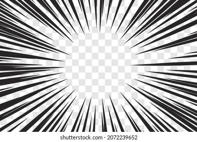 Manga action frame speed simple lines Motion radial lines isolated on transparent background Abstract explosive template banner Black and white monochrome vector retro illustration Comic book element