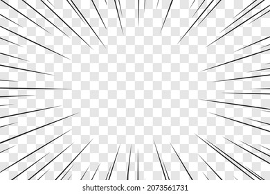 Manga action frame speed simple lines Motion radial lines isolated on transparent background Abstract explosive template banner Black and white monochrome vector retro illustration Comic book element