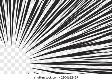 Manga action frame speed simple lines Motion radial lines isolated on transparent background Abstract explosive template banner Black and white monochrome vector retro illustration Comic book element