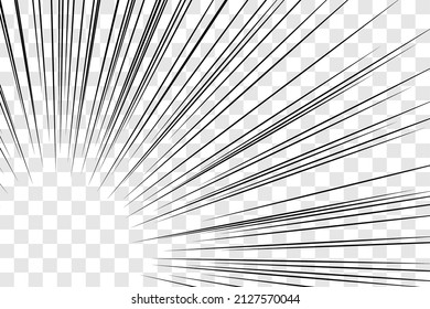 Manga action frame speed simple lines Motion radial lines isolated on transparent background Abstract explosive template banner Black and white monochrome vector retro illustration Comic book element