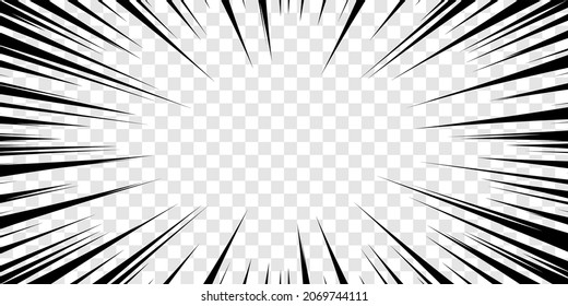 Manga anime action frame lines. Abstract explosive template with speed lines on transparent background. Motion radial lines. Flash explosion radial lines Vector illustration