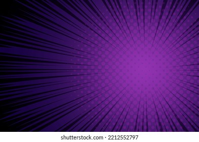 Línea de marco de acción de anime manga con medio tono. Color púrpura. Fondo retro de arte pop con rayos de luz de estilo cómico, ilustración vectorial. Plantilla explosiva abstracta con líneas de velocidad